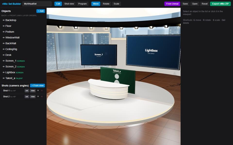 ภาพหน้าจอ vMix Virtual Set Builder